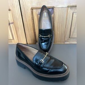 Classic Black Leather Platform Loafers with Gold Bit Hardware